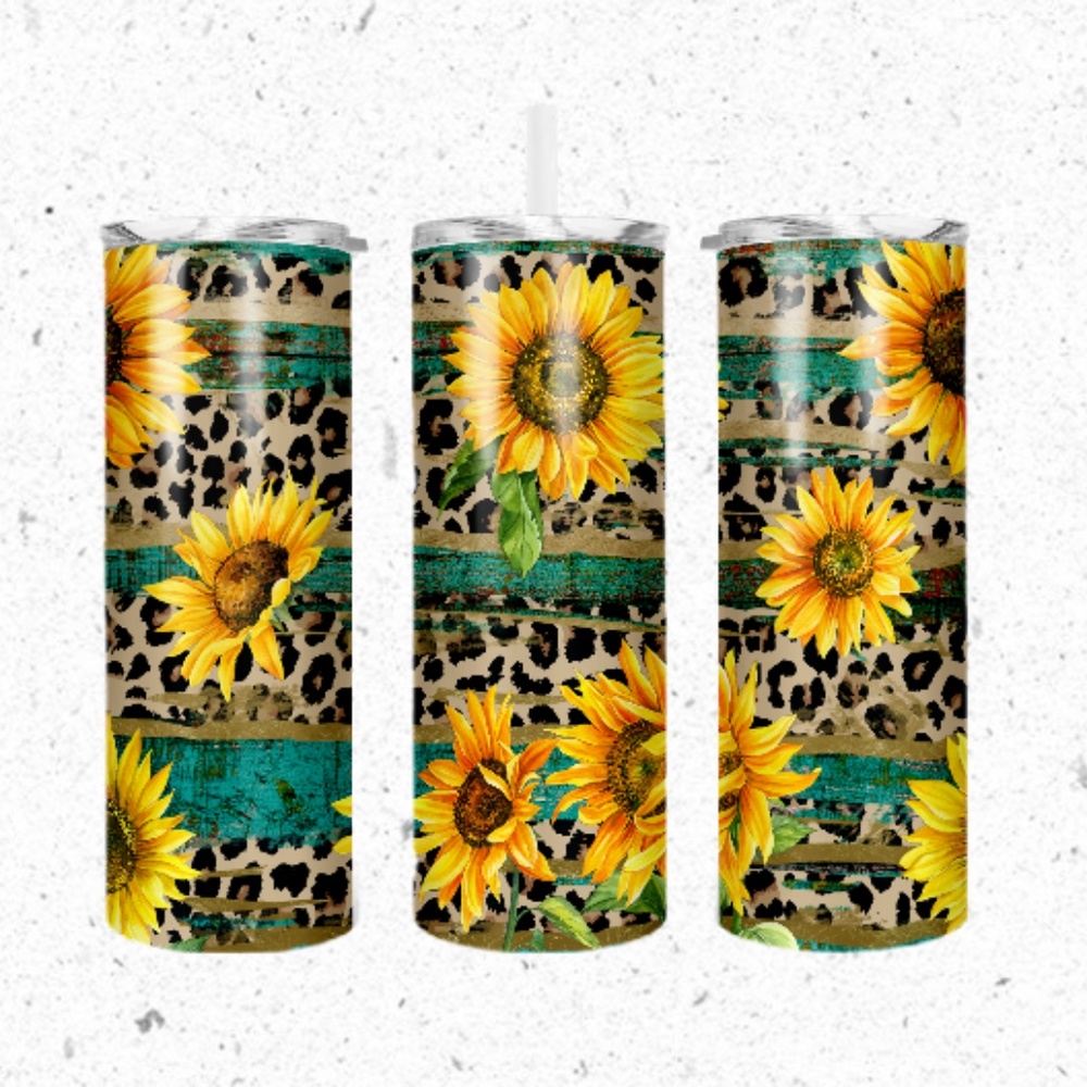 Yellow Sunflowers with a Leopard Ribbon around on a 20oz Skinny Tumbler.